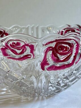 Vintage  German Lead Crystal Bowl Ruby Red Rose Floral Cut Glass Anna Hutte Styl